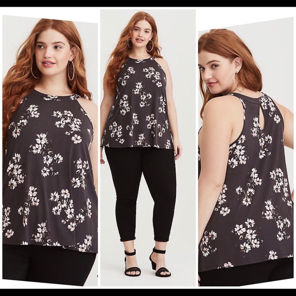 Torrid Grey Floral High Neck Jersey Knit Tank